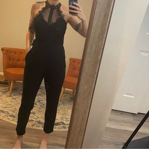 Express jumpsuit black high ankle high neck business open back